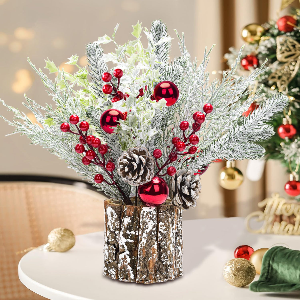 2 Pack Christmas Table Decorations, 14 Inch Christmas Centerpiece Small Potted Christmas Tree with Lights, Pine Cones and Berries, Xmas Artificial Plants for Tables, Home, Mantel Holiday Decor BHLUUIYER