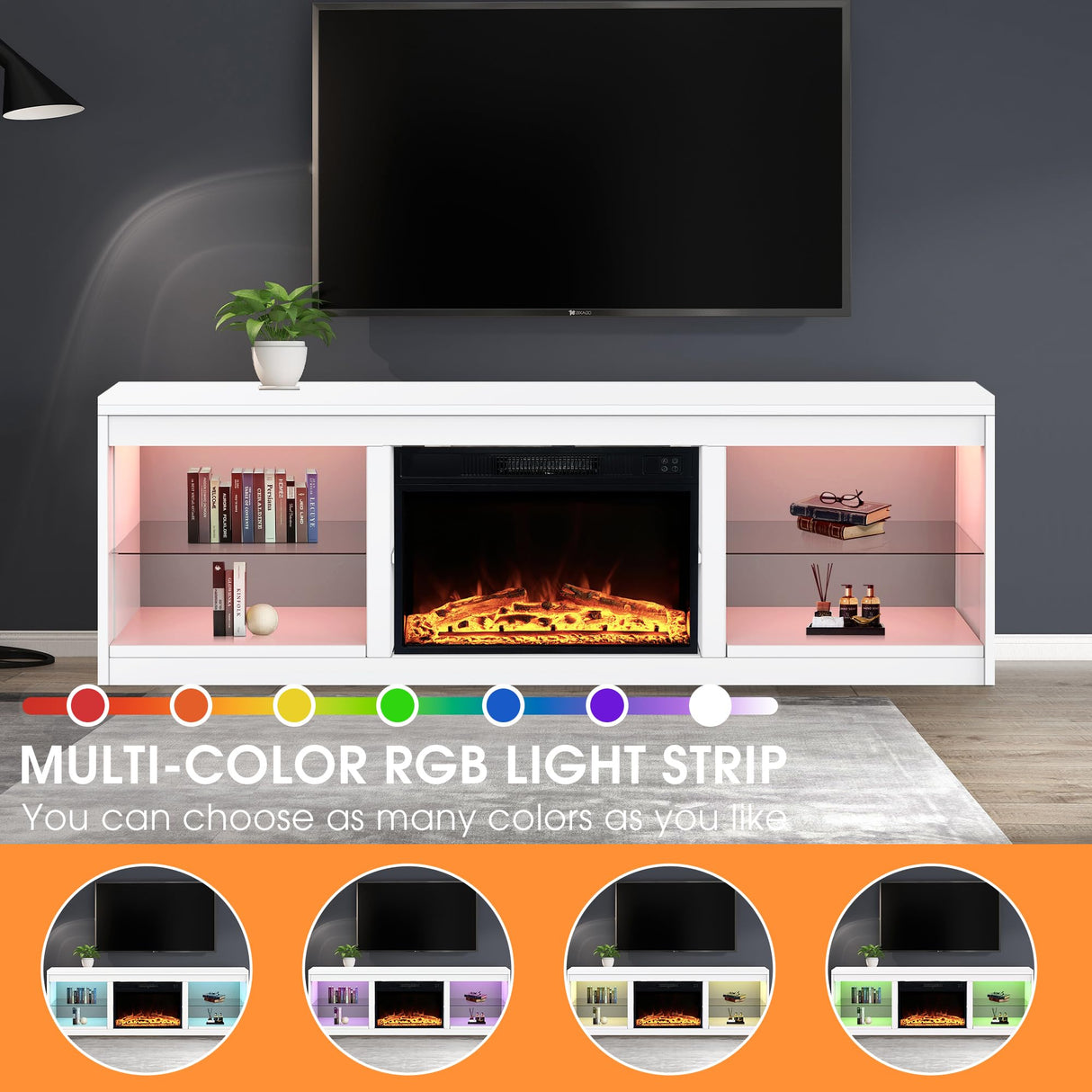 COMEFFIE 66 inch Electric Fireplace TV Stand up to 75'' TV-Entertainment Center with 24'' Fireplace and Led Light-TV Console with Adjustable Glass Shelves, Remote Control (Black with Fireplace) COMEFFIE