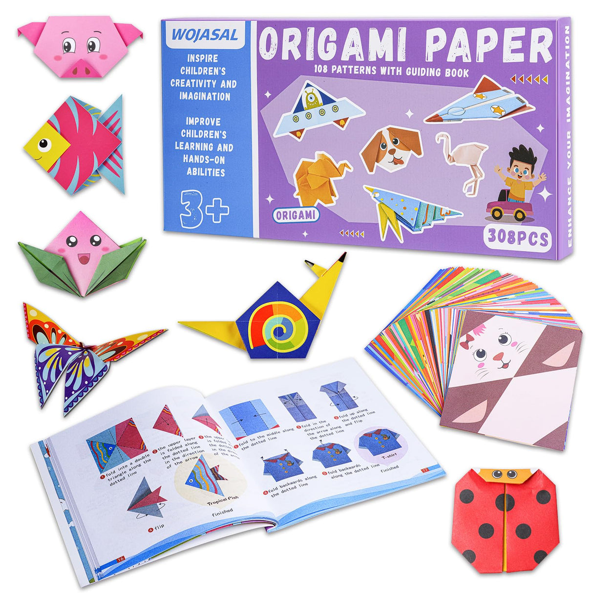 308 Sheets Origami Paper Kit for Kids Ages 5-8 8-12 with Guiding Book DIY Art and Crafts Supplies Kits for Girls and Boys Square Easy Fold Paper Travel Activities Birthday Christmas Gifts WOJASAL