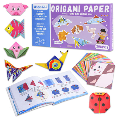 308 Sheets Origami Paper Kit for Kids Ages 5-8 8-12 with Guiding Book DIY Art and Crafts Supplies Kits for Girls and Boys Square Easy Fold Paper Travel Activities Birthday Christmas Gifts