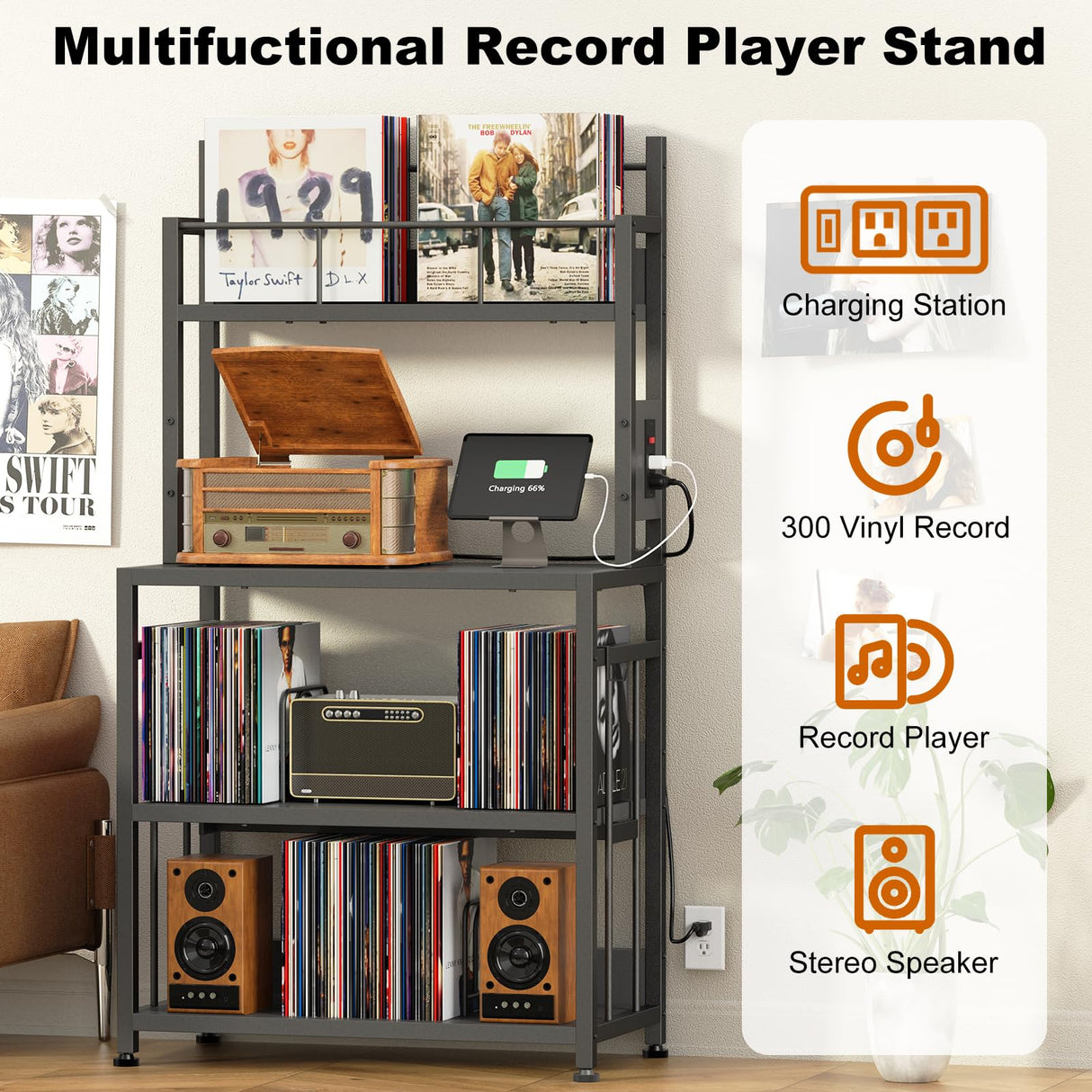 EasyCom Record Player Stand with Vinyl Storage, Turntable Stand Holds Up to 300 Albums, Large Record Player Table with Charge Station, Vinyl Record Stand for Living Room Bedroom, Black EasyCom