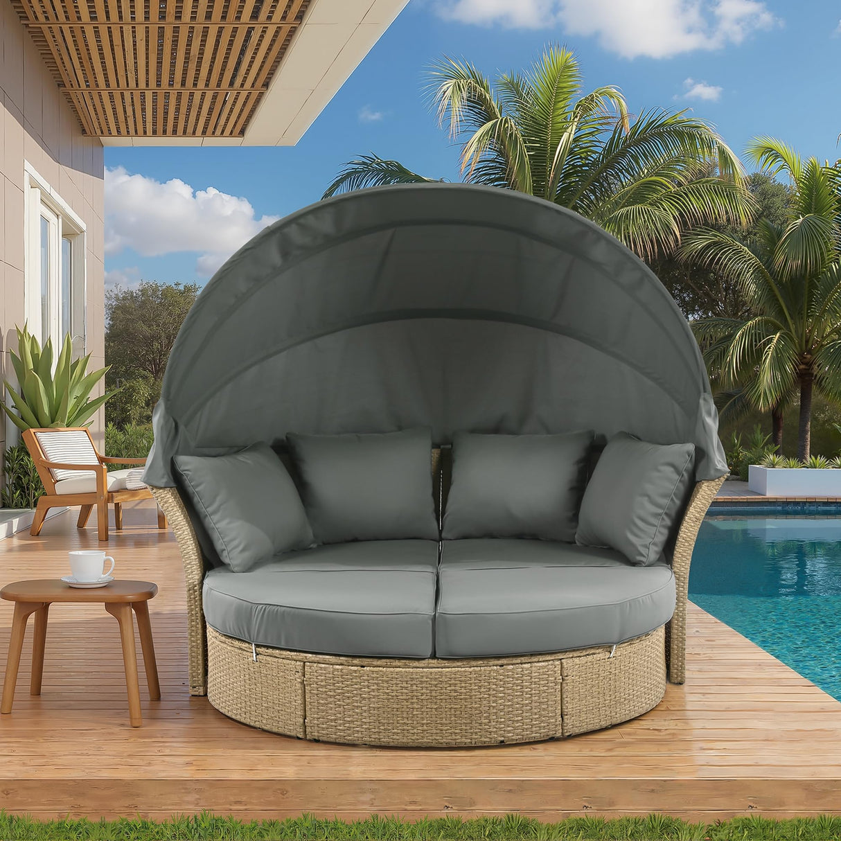 P PURLOVE Outdoor Canopy Bed Patio Daybed with 4 Pillows, Wicker Rattan Double Daybed Round Sofa Furniture Set with Retractable Canopy, 2-Person Outdoor Patio Bed for Lawn, Garden, Backyard (Grey) P PURLOVE