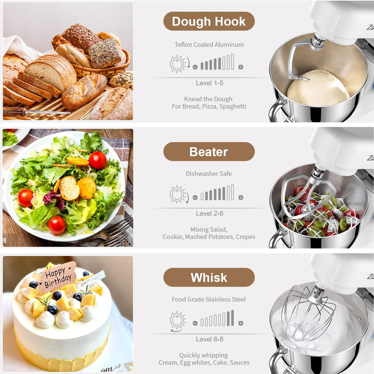 Stand Mixer, Zuccie 4.8QT Kitchen Electric Stand Mixer, 380W Motor Power Food Mixer, 8+P-Speed Dough Mixer with Dough Hook, Wire Whip & Beater, White Zuccie