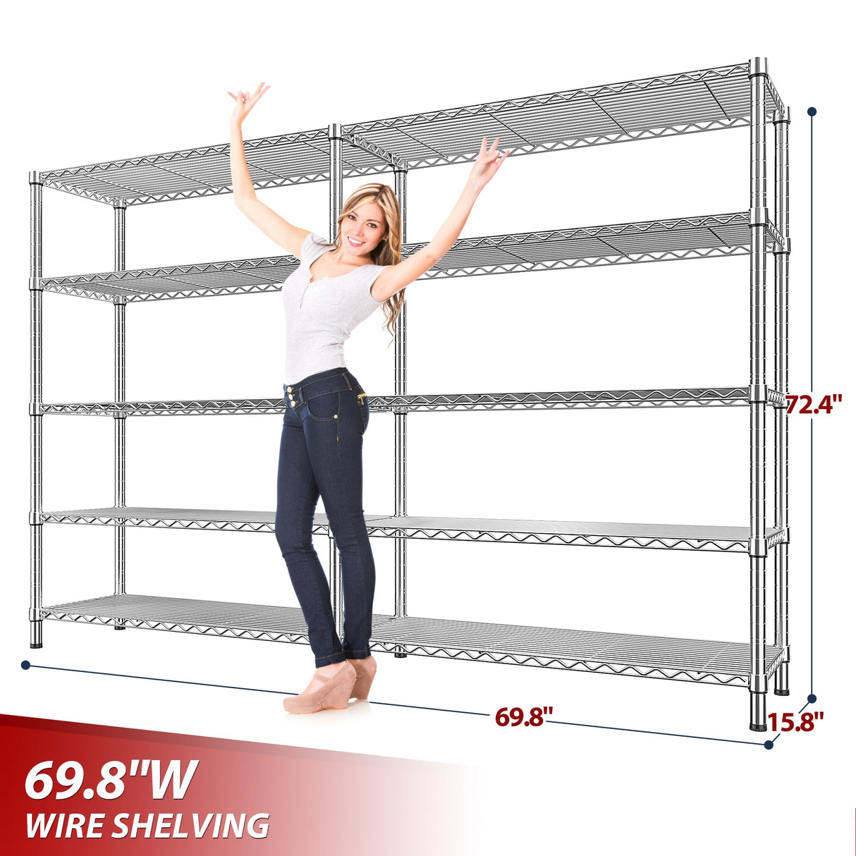 REIBII 69.8" W Storage Shelves 1510LBS Wire Shelving Unit 5 Tier Metal Shelving for Storage Rack Shelves Adjustable Heavy Duty Garage Shelf Pantry Shelves Kitchen Shelving,69.8"Wx15.8"Dx72.4"H,Chrome REIBII