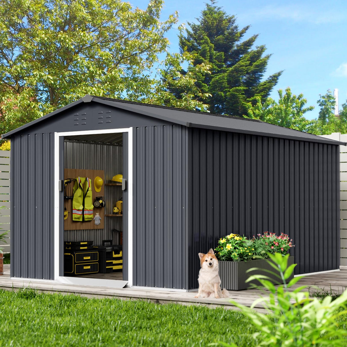 Acekool 8x15 FT Outdoor Metal Storage Shed, Large Garden Tool Shed with Lockable Door and Vents, Waterproof Galvanized Metal Sheds for Tools & Equipment, Garbage Can, Bike, Mower, Gray Acekool