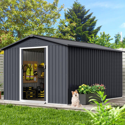 Acekool 8x15 FT Outdoor Metal Storage Shed, Large Garden Tool Shed with Lockable Door and Vents, Waterproof Galvanized Metal Sheds for Tools & Equipment, Garbage Can, Bike, Mower, Gray