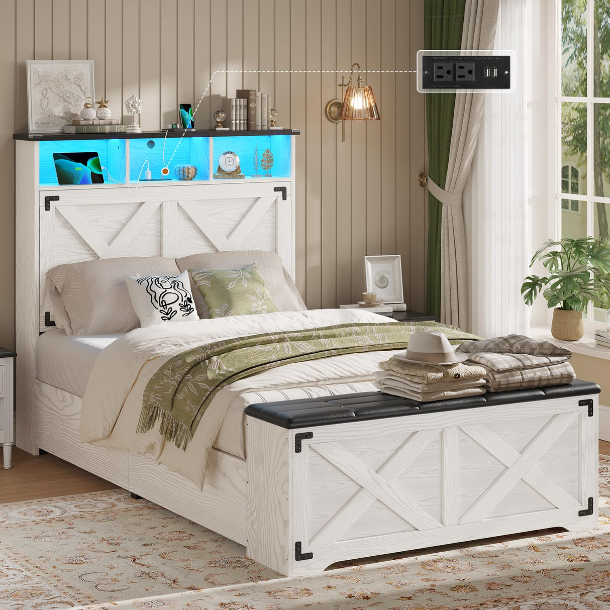 Hasuit Farmhouse Bed Frame Twin Size with Storage Headboard, Charging Station and LED Light, Wooden Twin Bed Frame with Storage Ottoman, Barn Door Design, No Box Spring Needed, No Noise (Walnut White) Hasuit