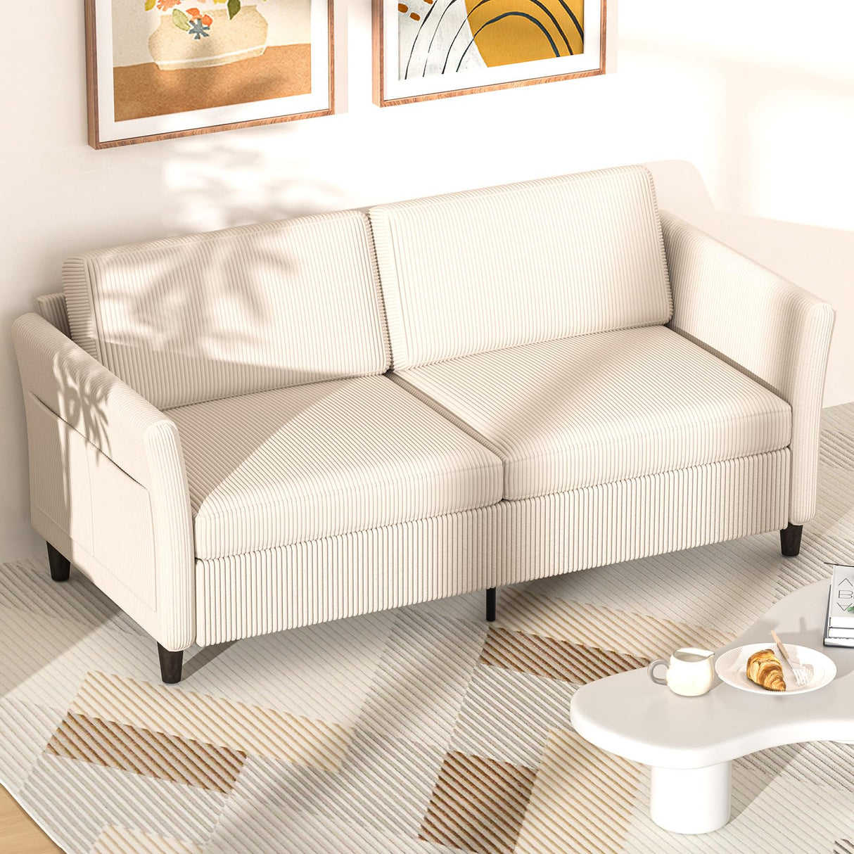 Valthie 79.1" Corduroy Loveseat Sofa, Modern Comfy Couches with Side Pocket, 3-Seater Sofa Couch for Living Room, Bedroom and Small Spaces,Beige Valthie