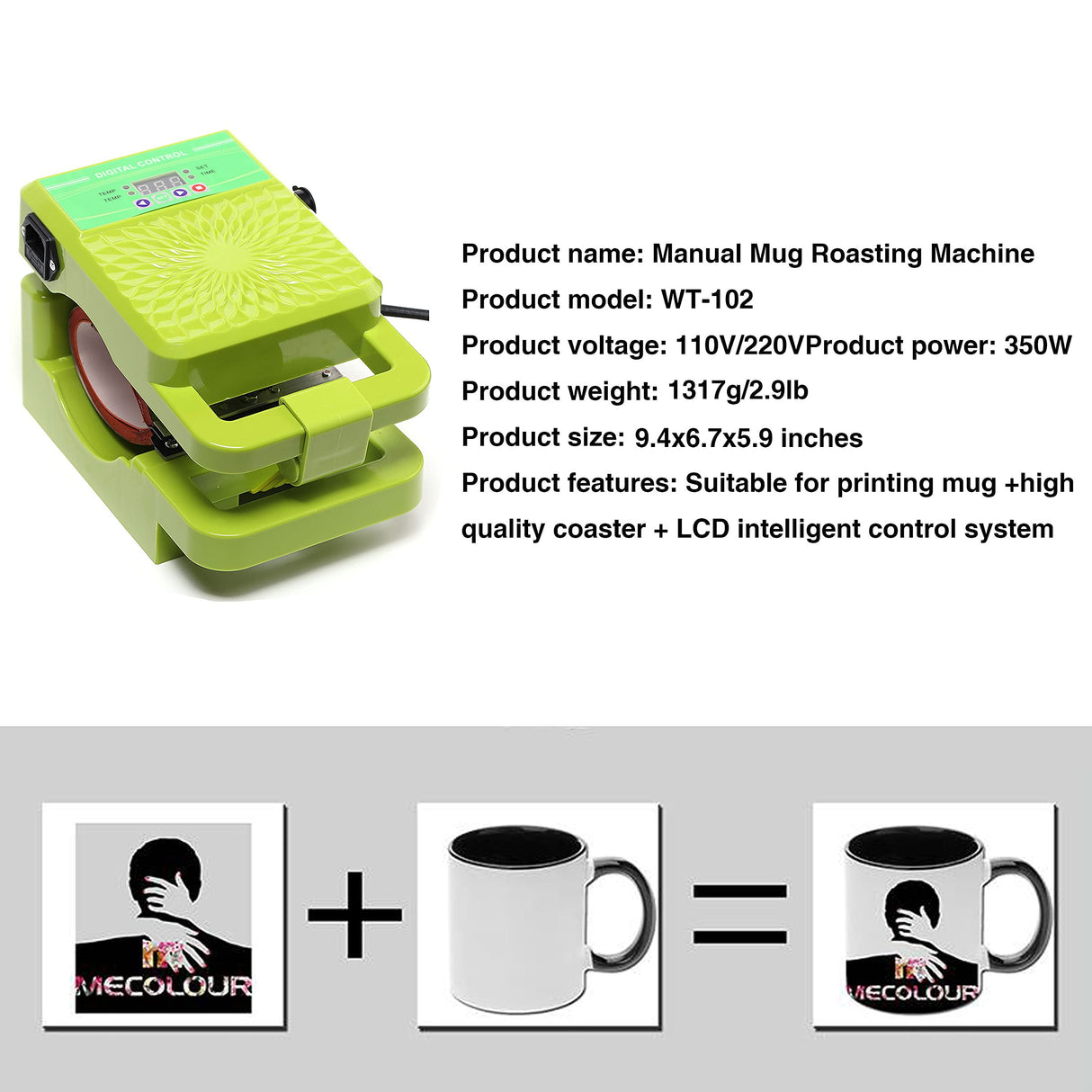 Mug Heat Press - 9.5 in Manual Mug Roasting Machine, WT-102 Mug Coffee Cup Heat Transfer Sublimation Heat Press Machine, DIY Coffee Cup GUDVES