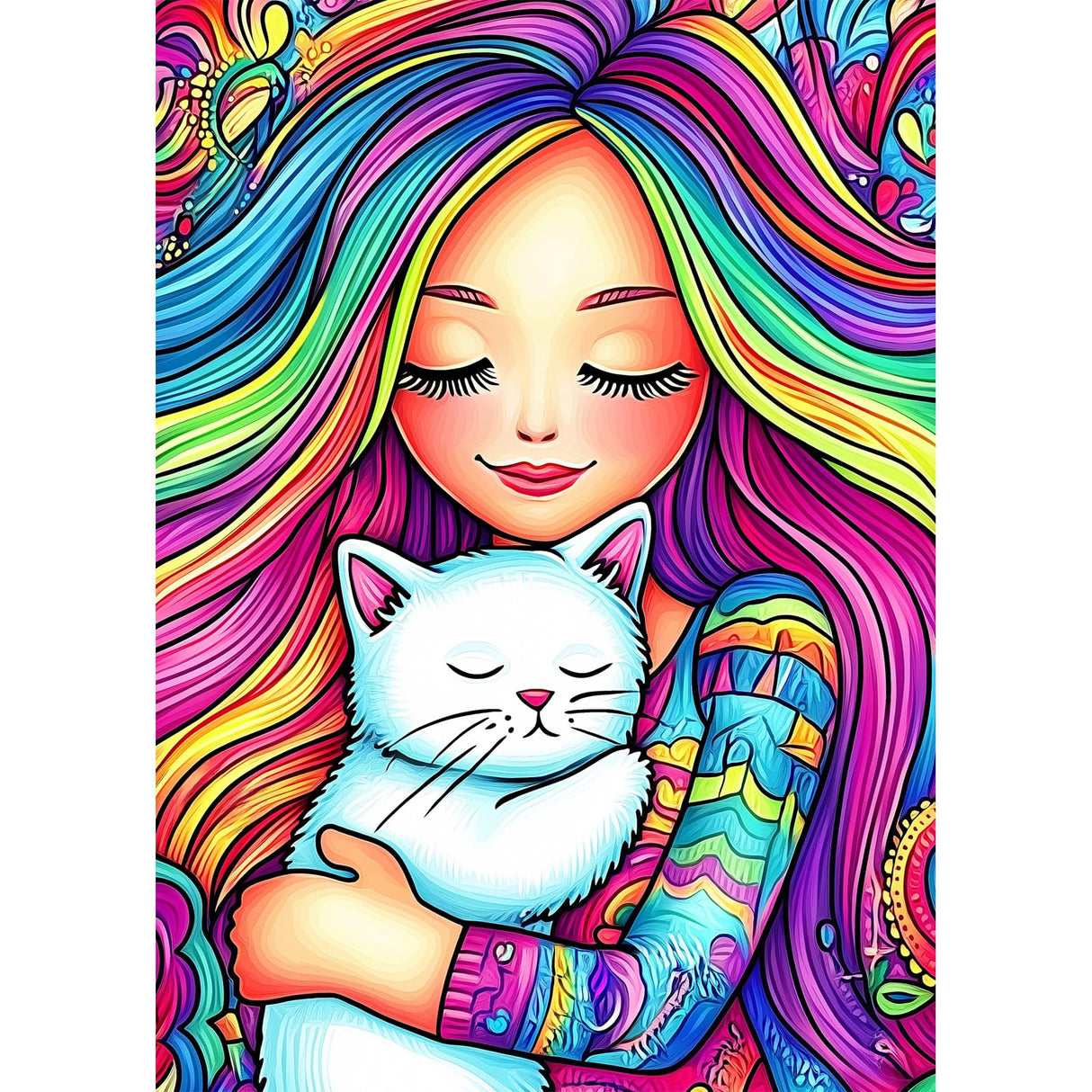 HEIBAGO Rainbow Diamond Art Kits for Adults, 5D Full Drill Round White Cat Painting Gems with Cute Diamond Painting, Diamond Dots Perfect for Home Wall Decor 12x16inch HEIBAGO