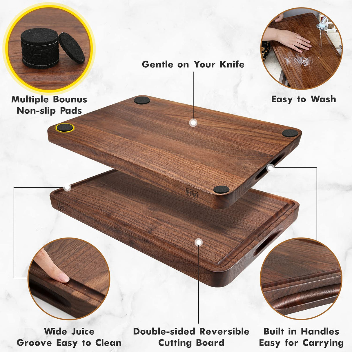 AZRHOM Large Walnut Wood Cutting Board for Kitchen 17x11 (Gift Box) with Juice Groove Handles Non-slip Mats Thick Reversible Butcher Block Chopping AZRHOM