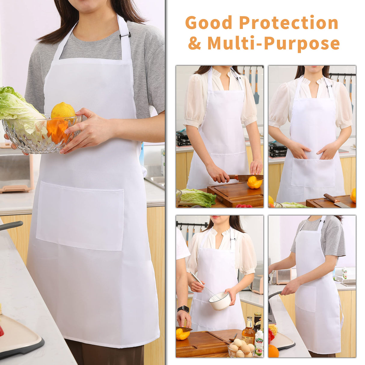Tosewever 2 Pack Adjustable Bib Apron, Waterdrop Resistant Aprons with 2 Pockets Cooking Kitchen Restaurant Aprons for Women Men Chef, BBQ Drawing Crafting Outdoors (Polyester-White, 2) Tosewever