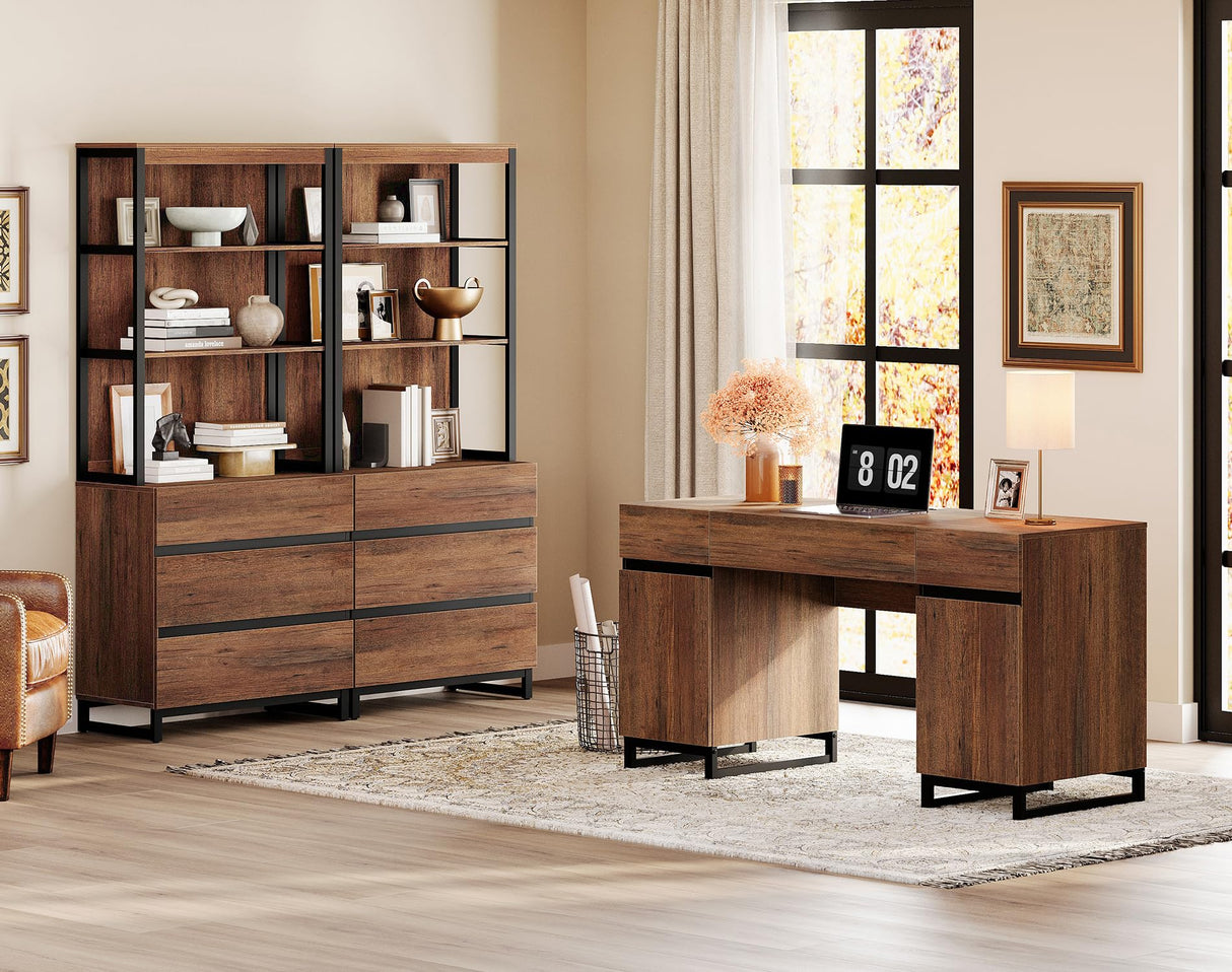 WAMPAT 2 PCS Modern 72" Tall Bookcase with 6 Drawers and Open Book Shelfs, Library Book Shelf with Storage Cabinet and Metal Base, Wood Freestanding Bookshelves for Home Office, Living Room, Brown WAMPAT