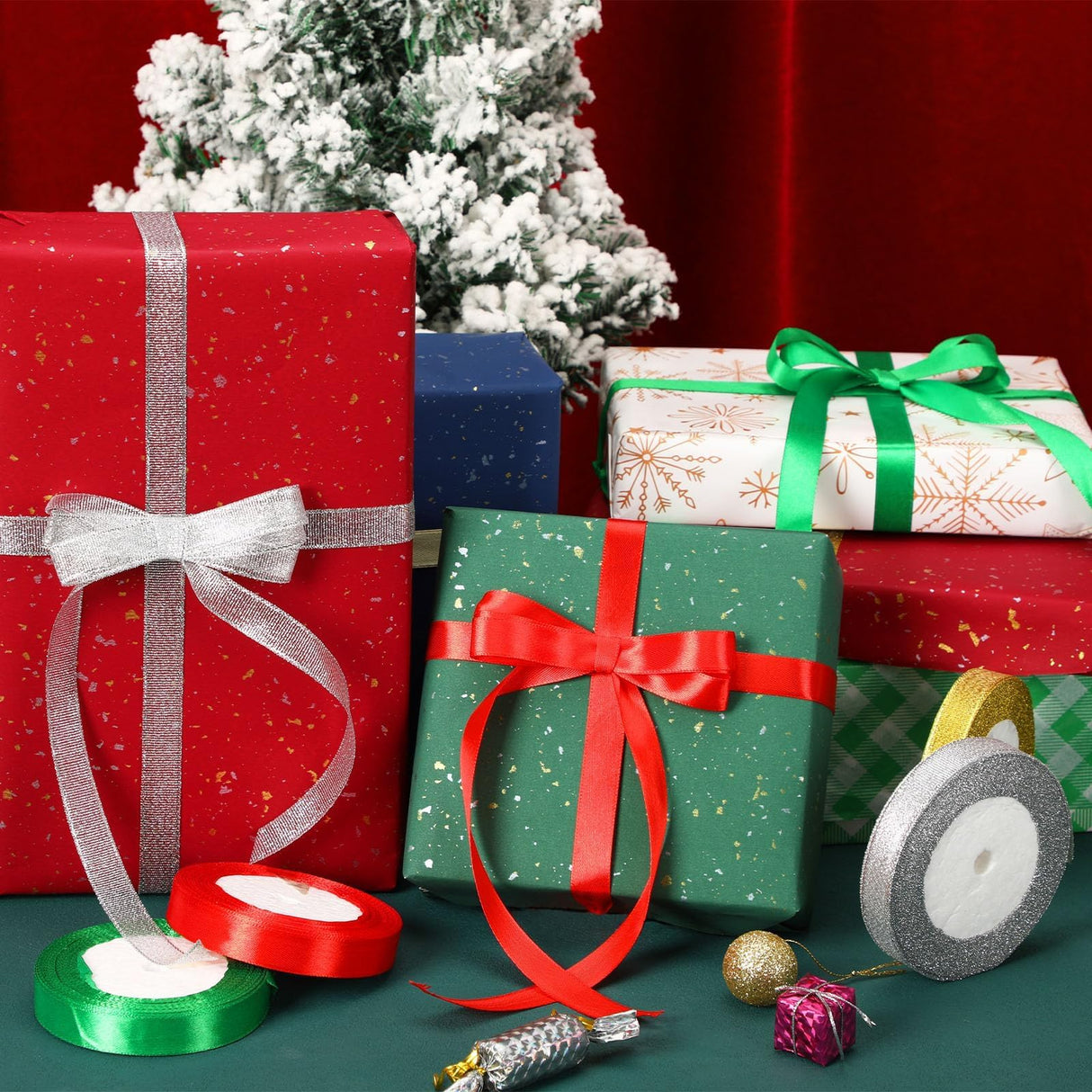 DECYOOL 4 Rolls 100 Yards Christmas Ribbons Metallic Glitter Fabric Holiday Festival Satin Ribbons 10mm Wide for Gift Wrapping Decoration DECYOOL