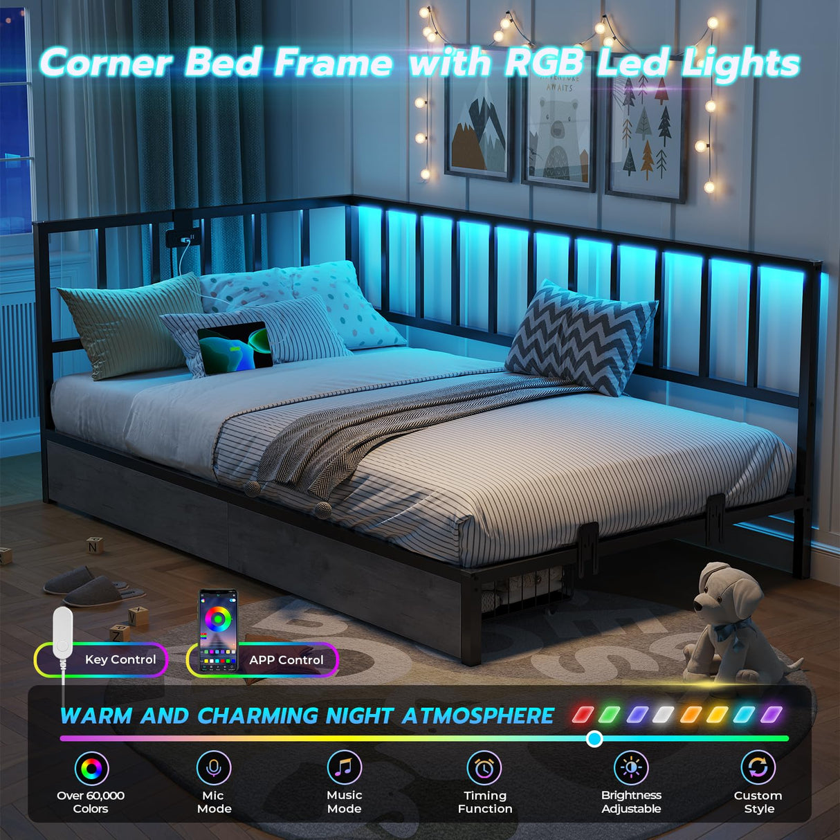 DICTAC Twin Size Corner Bed Frame with 2 Storage Drawers and Led Lights Metal Platform Bed Frame with Charging Station Modern Twin Daybed Frame for Living Room, Bedroom and Guest Room, Black&Gray DICTAC