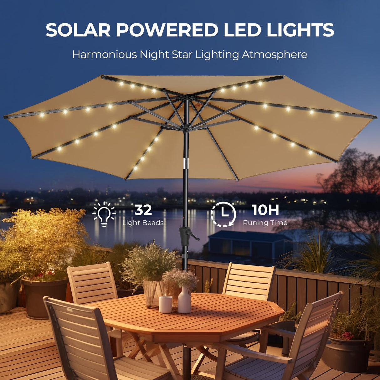 HOMSHADE 10ft Solar Patio Umbrella - Solar Lights LED Lighted Outdoor Market Table Umbrella, UPF50+ UV Protection with Push Button Tilt, Crank for Pool Deck and Garden (Beige) HOMSHADE