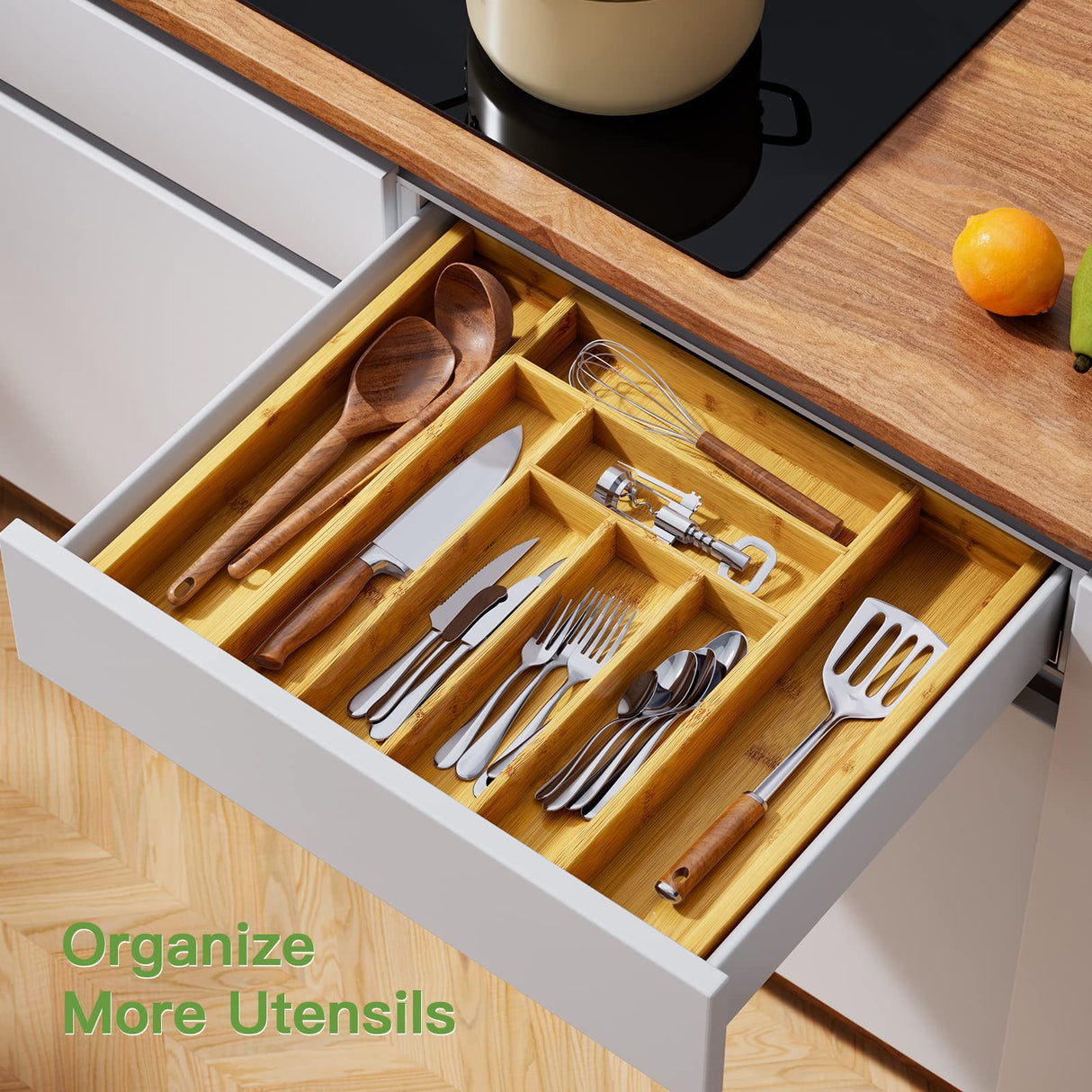 Pipishell Bamboo Expandable Drawer Organizer for Utensils Holder, Adjustable Cutlery Tray, Wood Drawer Dividers Organizer for Silverware, Flatware, Knives in Kitchen, Bedroom, Living Room Pipishell