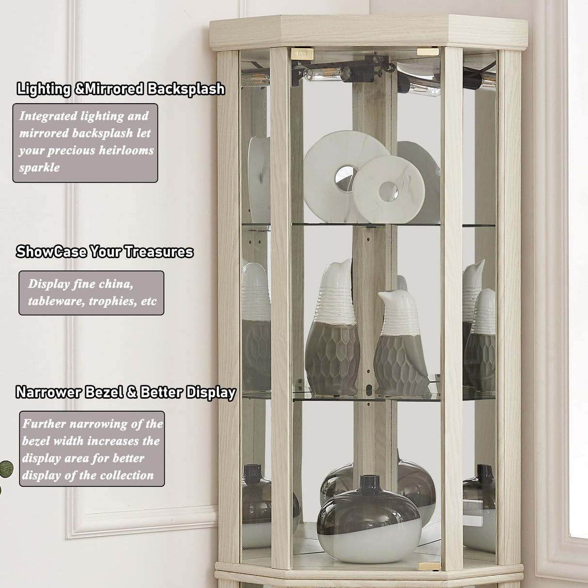 XZTUAJ 69"H Lighted Curio Cabinet Corner Display Case, Corner Glass Cabinet with Adjustable Shelves and Tempered Glass, Wooden Corner Curio Cabinet w/ Mirrored Back Pane for Living Room(Antique White) XZTUAJ