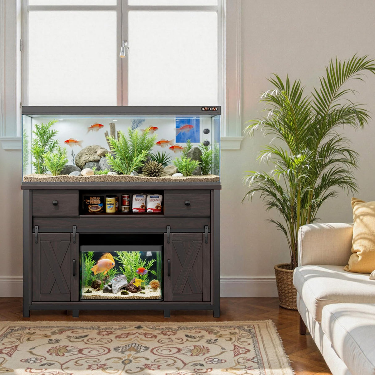 Miereirl 55-75 Gallon Fish Tank Stand with Power Outlet – Heavy Duty Aquarium Stand, Rustic Farmhouse Style, 800 lb Capacity, Adjustable Storage & Sliding Barn Doors, Dark Brown Miereirl