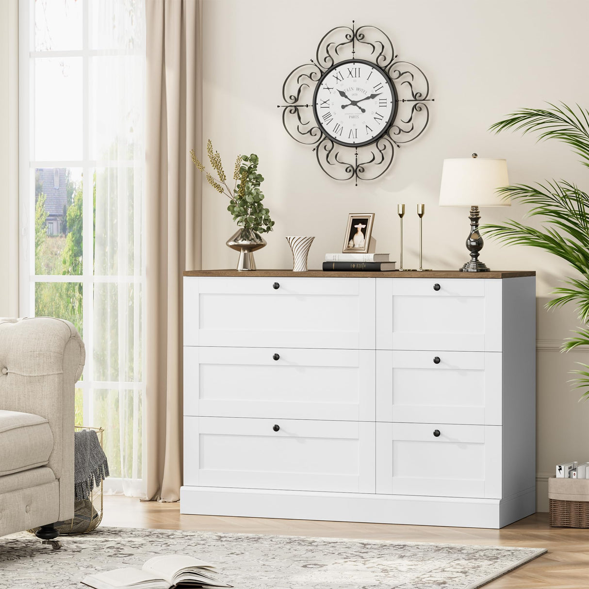 HOSTACK 6 Drawer Dresser, White Dresser for Bedroom, Wood Chest of Drawers, Wide Double Dresser, Modern Farmhouse Drawer Chest for Living Room, Hallway, Entryway, White/Rustic Brown HOSTACK