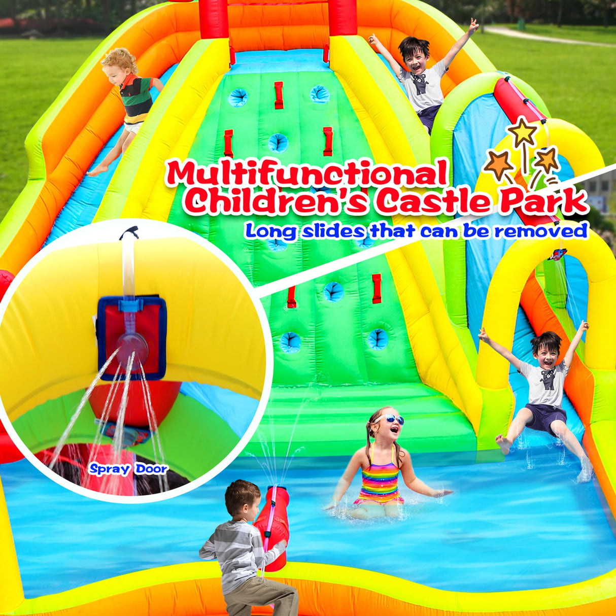 WELLFUNTIME Inflatable Water Double Slides Park, Bounce House with Arched Water Gun Spray, Jumping Castle with Air Blower WELLFUNTIME