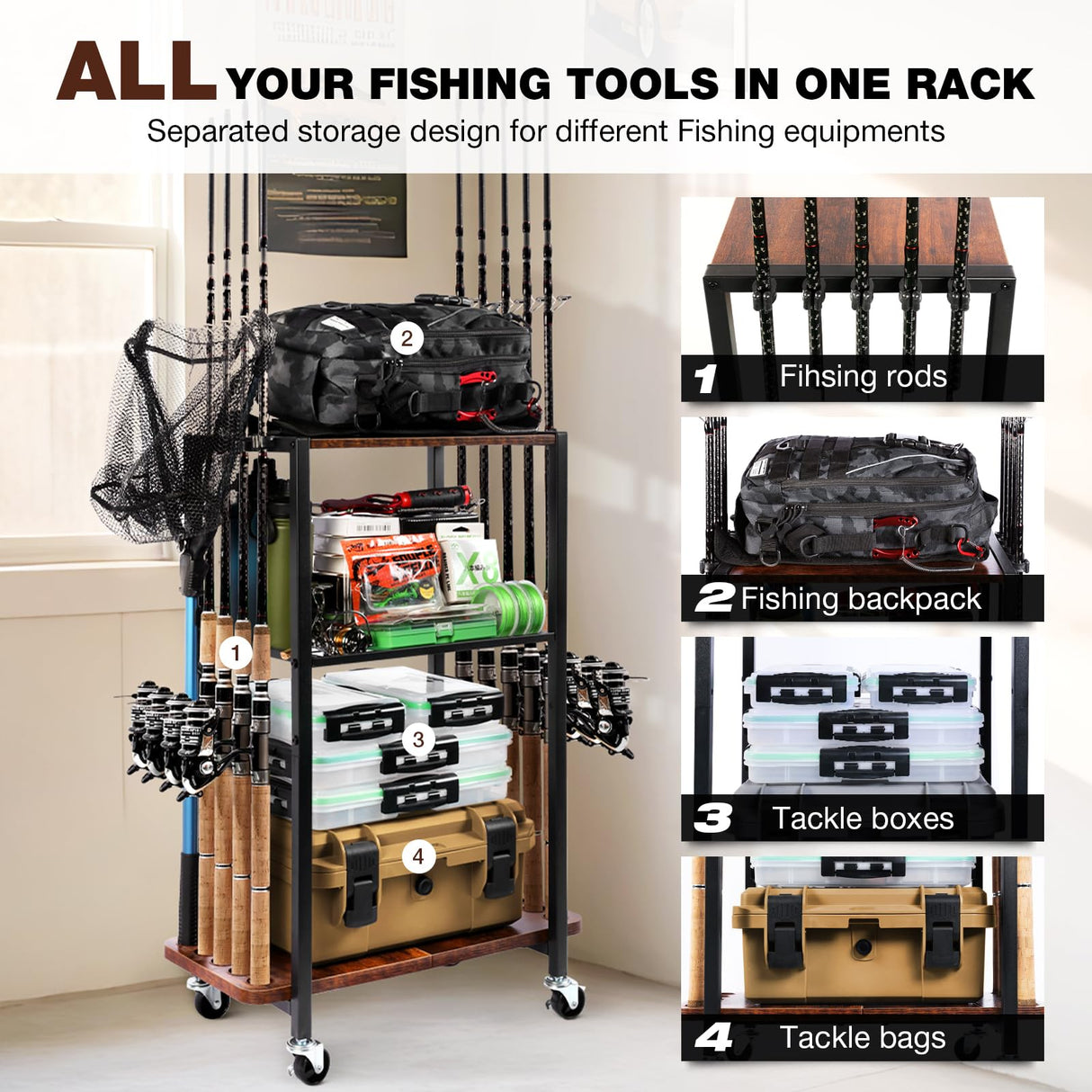Ghosthorn Fishing Rod Holders for Garage Fishing Gear and Equipment Tackle Storage Cart Pole Rod Rack Hold up to 10 Rods Ghosthorn