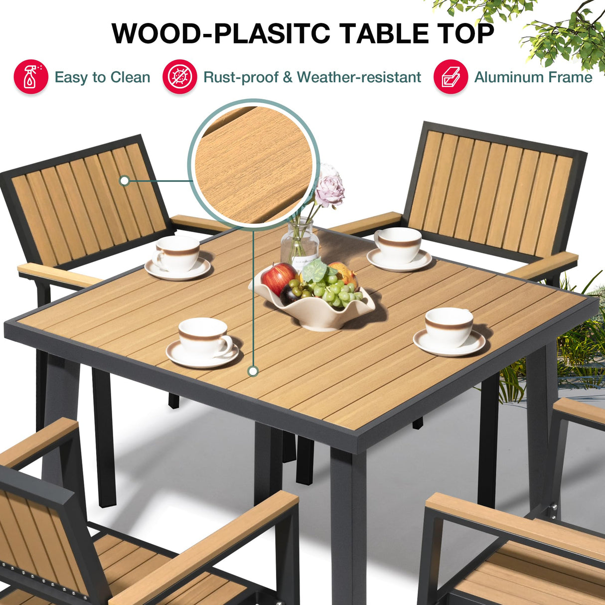 Pamapic 6-Piece Patio Dining Set,Outdoor Aluminum Furniture Set with Plastic-Wood Table Top,Outdoor Furniture Set with 4 Outdoor Stackable Chairs for Patio Garden Poolside (Teak) Pamapic