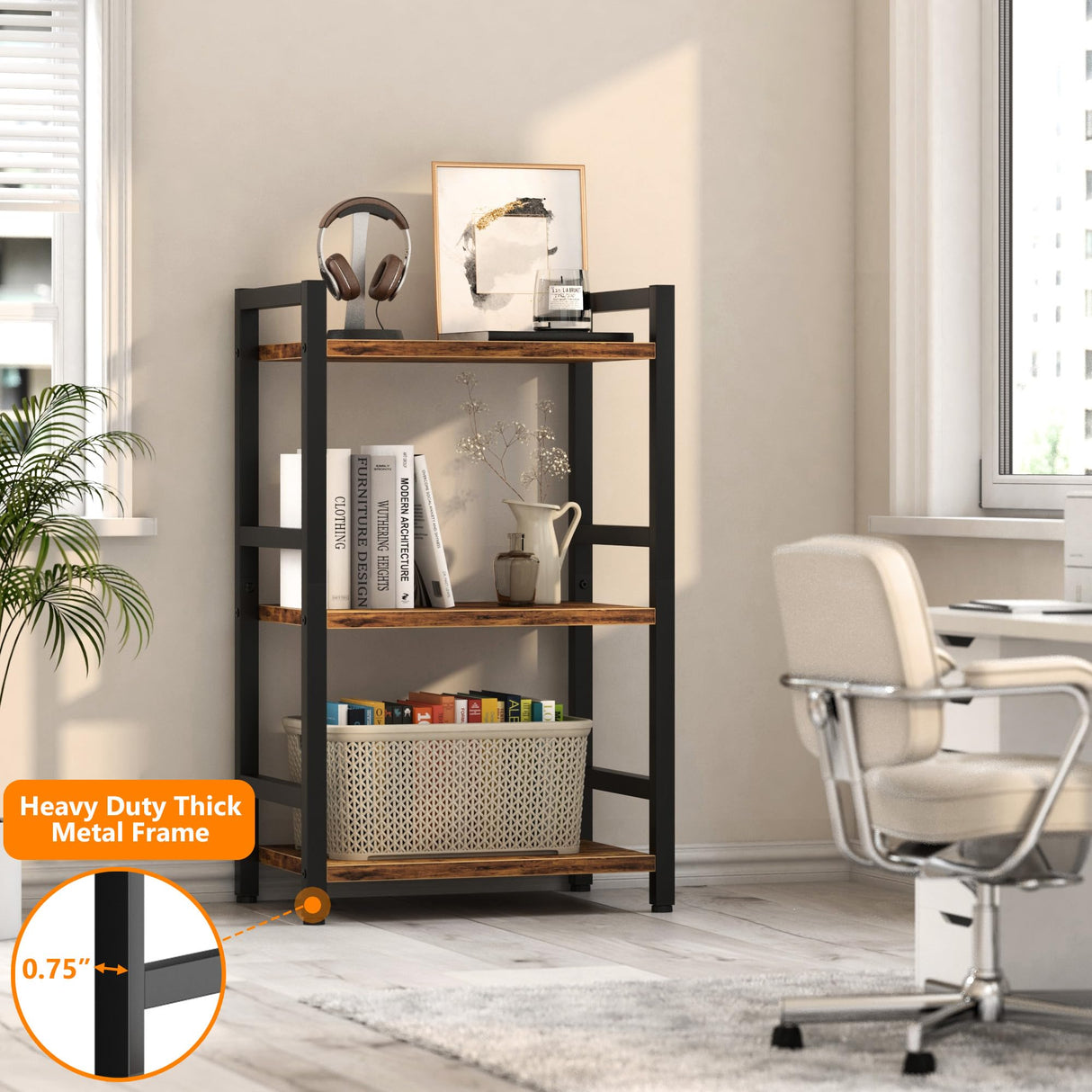 RAGIFEN Book Shelf, 3 Tier Bookcase with Steel Frame, Stable Bookshelf Narrow Book Shelves Storage Organizer for Book CD Movie, Open Book Shelves for Living Room, Home Office, Study, Rustic Brown RAGIFEN