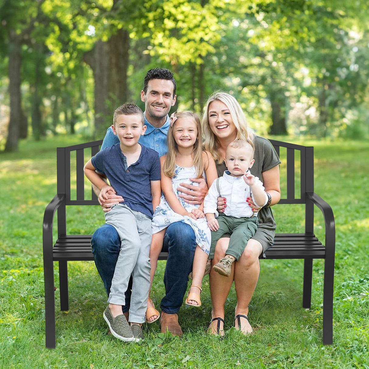 Optmspic 50" Outdoor Garden Bench, Iron Metal Frame Patio Bench with Backrest Armrests, Weatherproof Anti-Rust Outdoor Bench for Front Porch, Park, Yard, Patio (402-32BK) Optmspic