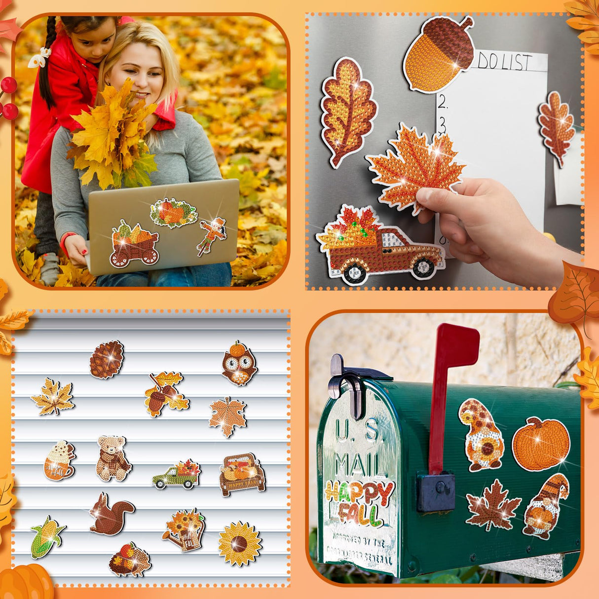 Copkim 30 Pcs Fall Diamond Art Magnets Kits DIY Autumn Pumpkin Maple Leaves Pine Nuts Diamond Painting Happy Fall Fridge Magnetic Stickers Gem Art Magnets for Beginners Holiday Decor Home Copkim