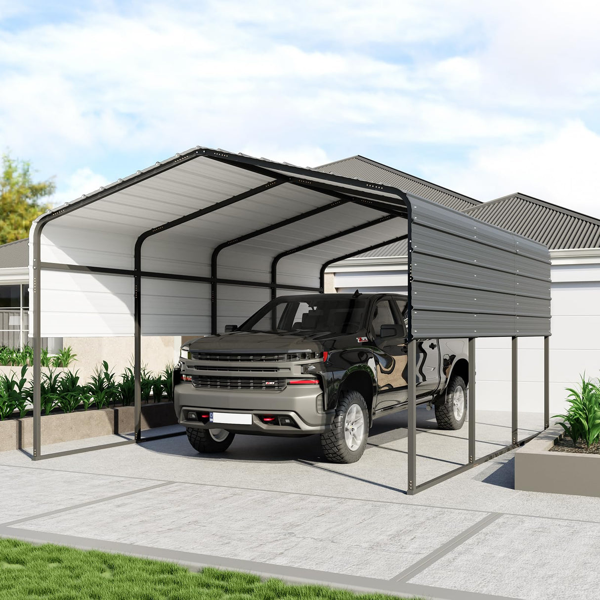 ACONEE Carport 13 x 16 FT, Heavy Duty Metal Carport with Galvanized Steel Roof, Garage Car Shelter Shade, Outdoor Metal Carport Canopy, Bolts for Car, Trucks, Boats, Multi-Purpose Carport, Grey ACONEE