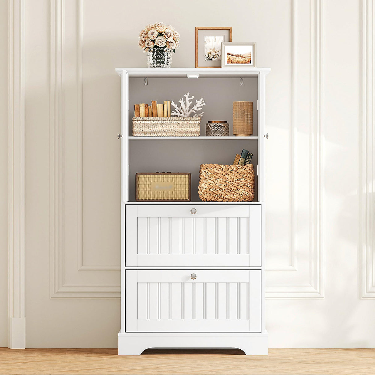 Treocho Bathroom Floor Cabinet, White Bathroom Storage Cabinet with Drawers and Adjustable Shelf, Freestanding Kitchen Pantry Cupboard with 2 Doors for Living Room Treocho