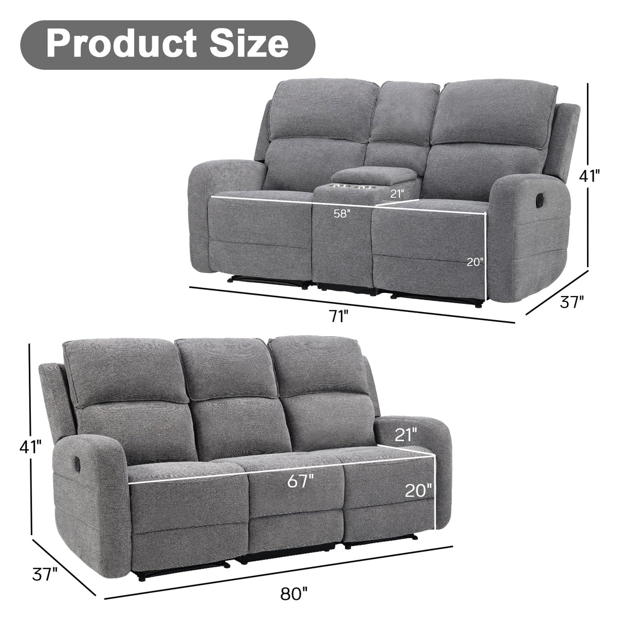 EBELLO Manual Living Room Furniture Reclining Couch Set, Soft Fabric Recliner Loveseat and 3 Seat Sofa Couch for Meeting Room, Overstuffed Backrest(Loveseat+Sofa) EBELLO