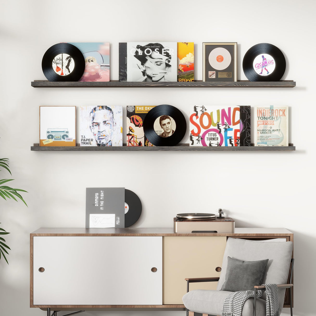 FLYJOE 72'' Floating Picture Ledge Shelf Set of 2 in Weathered Grey - Solid Pine Wood Nursery and Living Room Storage FLYJOE