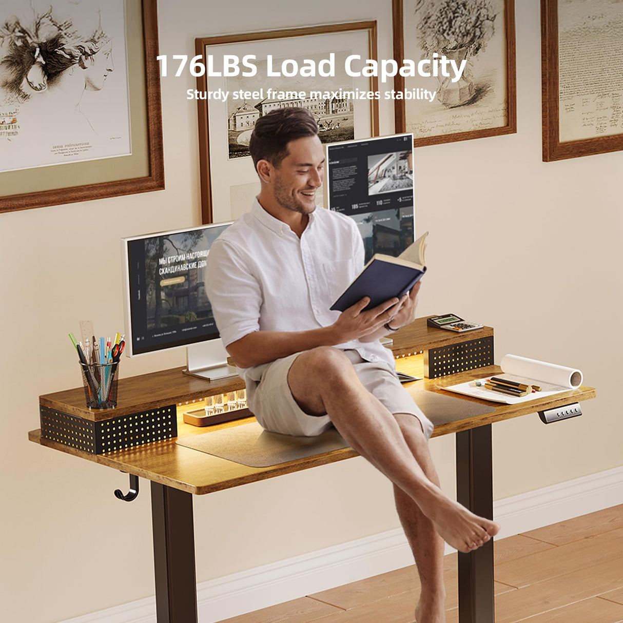 Claiks Electric Standing Desk with Shelf, 48 Inch Height Adjustable Standing Desk with LED Lights & Monitor Stand, Black Frame/Rustic Brown Top Claiks