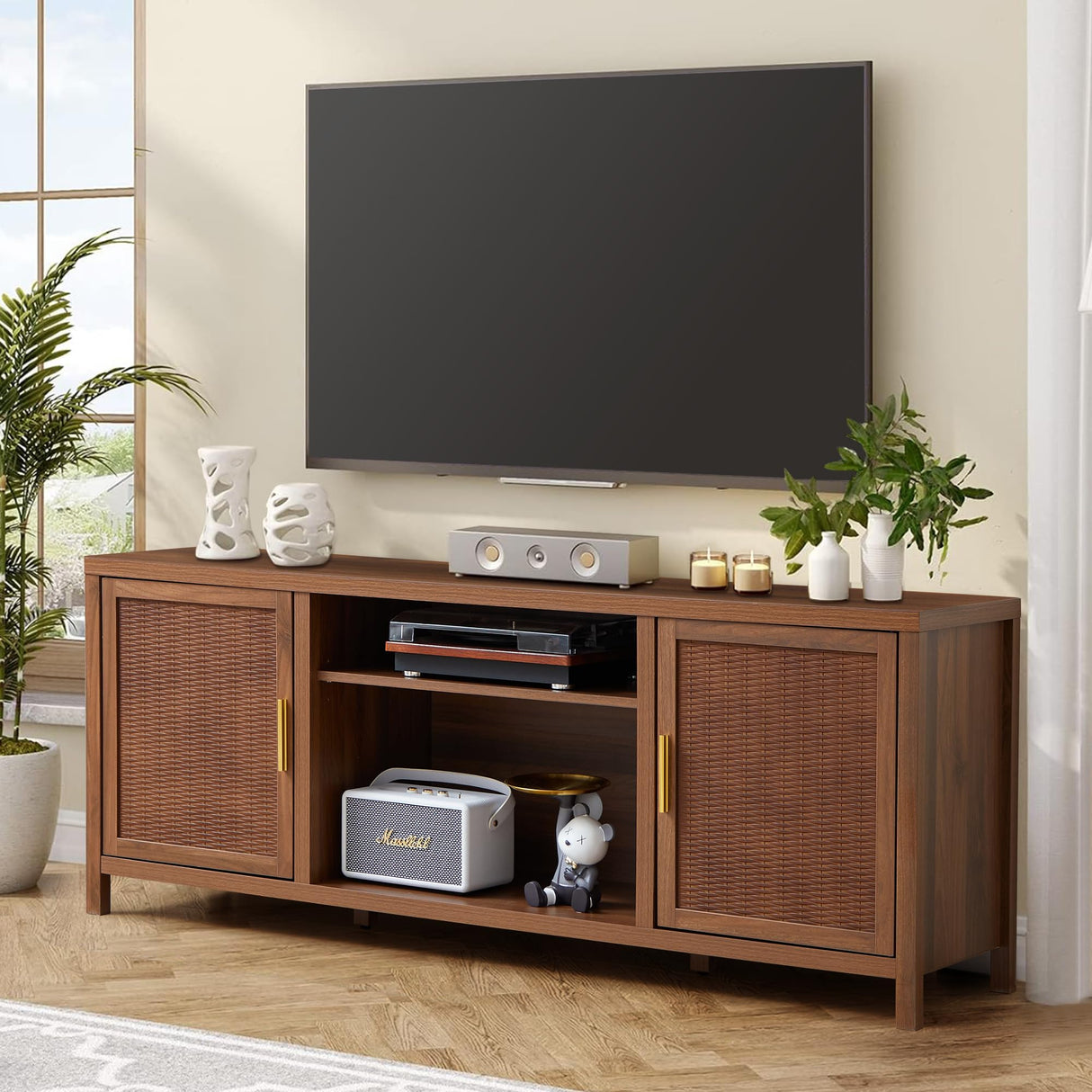 affeivul Mid Century Modern TV Stand with Storage Cabinet, 65 inch Low TV Console Table, Rattan TV Stand with Doors, Rustic Walnut TV Entertainment Stand with Shelves for Bedroom/Living Room affeivul