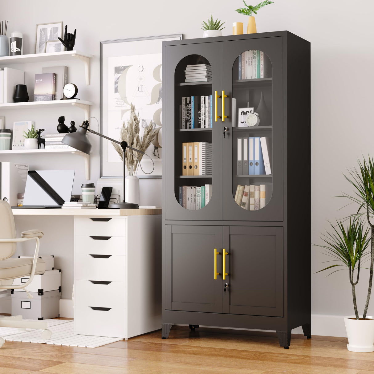 winiowa Metal Storage Cabinet with Adjustable Shelves,Garage Cabinet with 4 Lockable Doors, 71" Tall Kitchen Pantry Cabinets,Steel Locking Cabinets for Kitchen, Garage, Office,Living Room-Black winiowa