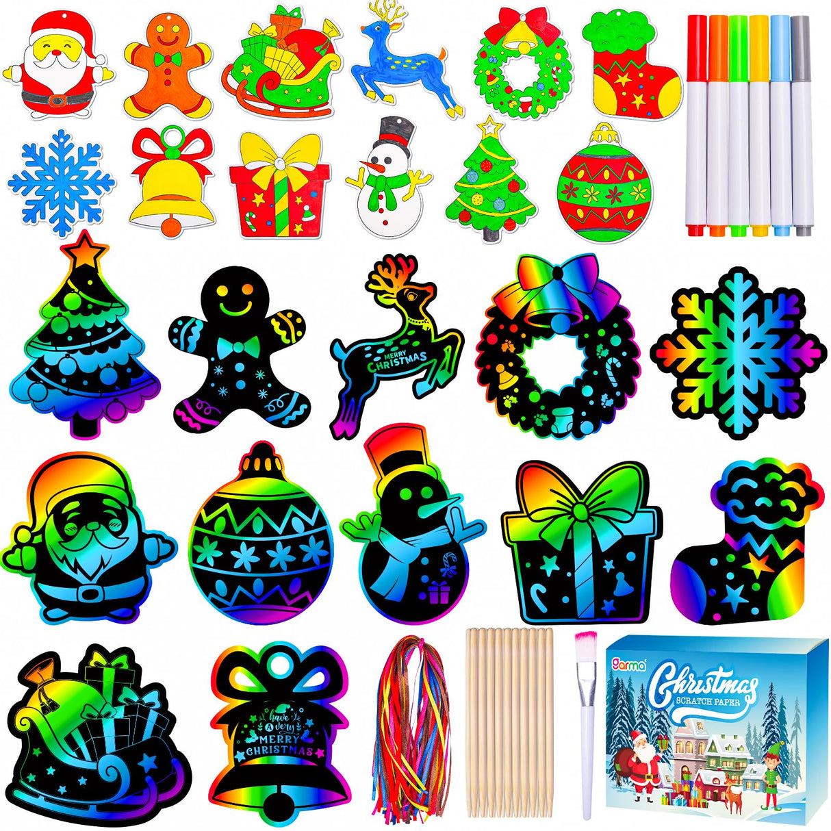 Garma 36Pcs Christmas Crafts Scratch Art for Kids, Rainbow Scratch Paper Christmas Ornaments Crafts Christmas Party Favors Toys Xmas Tree Ornaments Hanging Craft Art Kits Garma