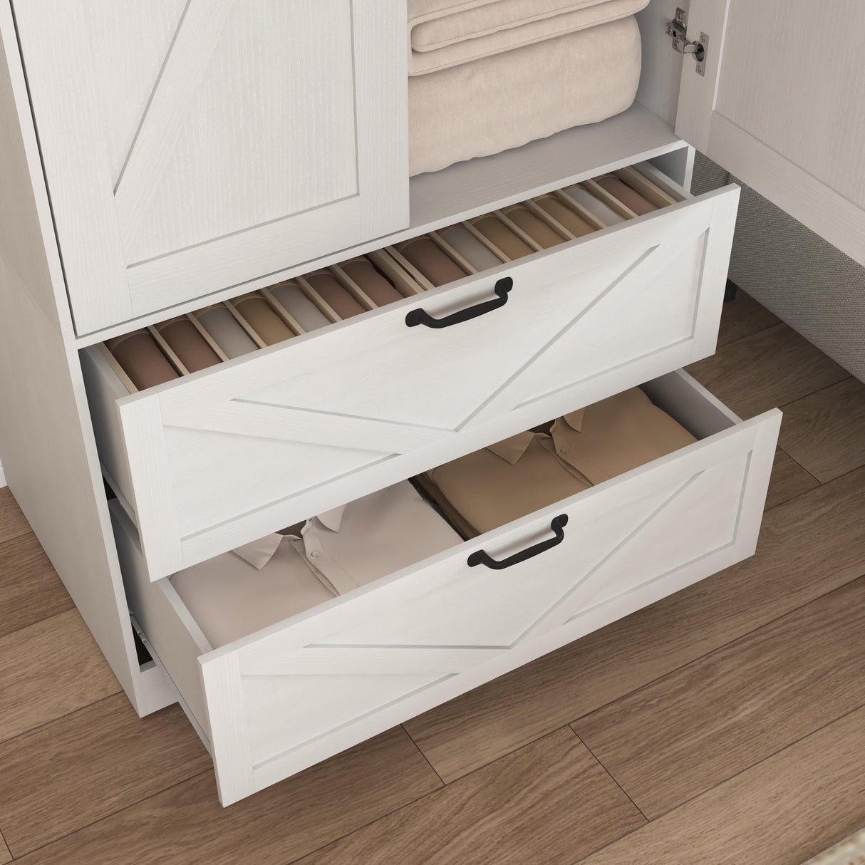 Armoire Wardrobe Closet, with 2 Rattan Doors, Freestanding Wooden Wardrobe Cabinet with 3 Storage Drawers and Hanging Rail, Wardrobe Armoire for Bedroom (White+Mirror) Rumiiro