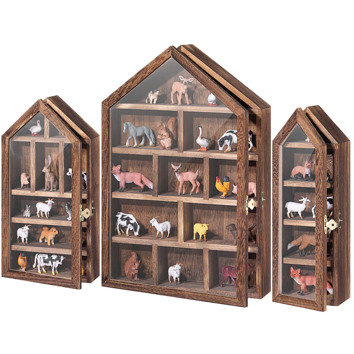 DoubleFill Set of 3 Shadow Cubby Boxes Wooden Display Shelf 10 x 15 Inch Large Wall Mounted Display Storage Shelves for Mini Figures Curio Trinket Medals Crafts Collections(Brown,House Shape) DoubleFill