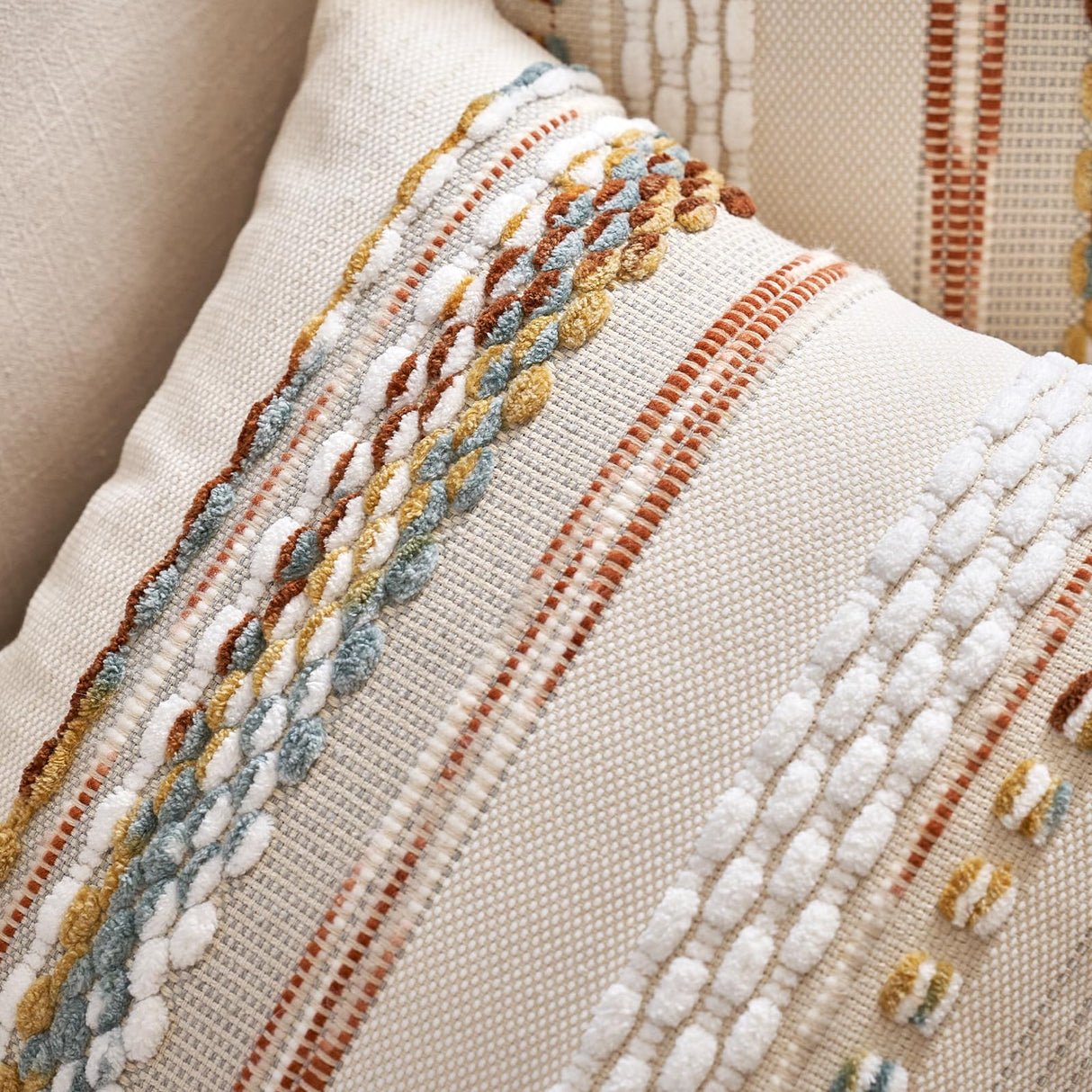 Aeckself Boho Throw Pillow Covers 18x18 Inch Set of 2, Farmhouse Decorative Striped Square Pillow Covers Chenille Tufted Pillow Cases Accent Neutral Pillowcase for Living Room Couch Bed, Orange White Aeckself