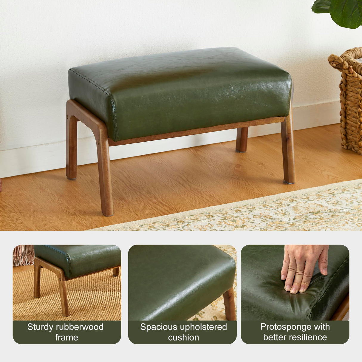 Glitzhome Foot Stool Ottoman, Modern Leatherette Sofa Stool Vanity Chair with Rubber Wood Frame, Footrest Ottoman Bench for Living Room, Entryway, Hunter Green Glitzhome