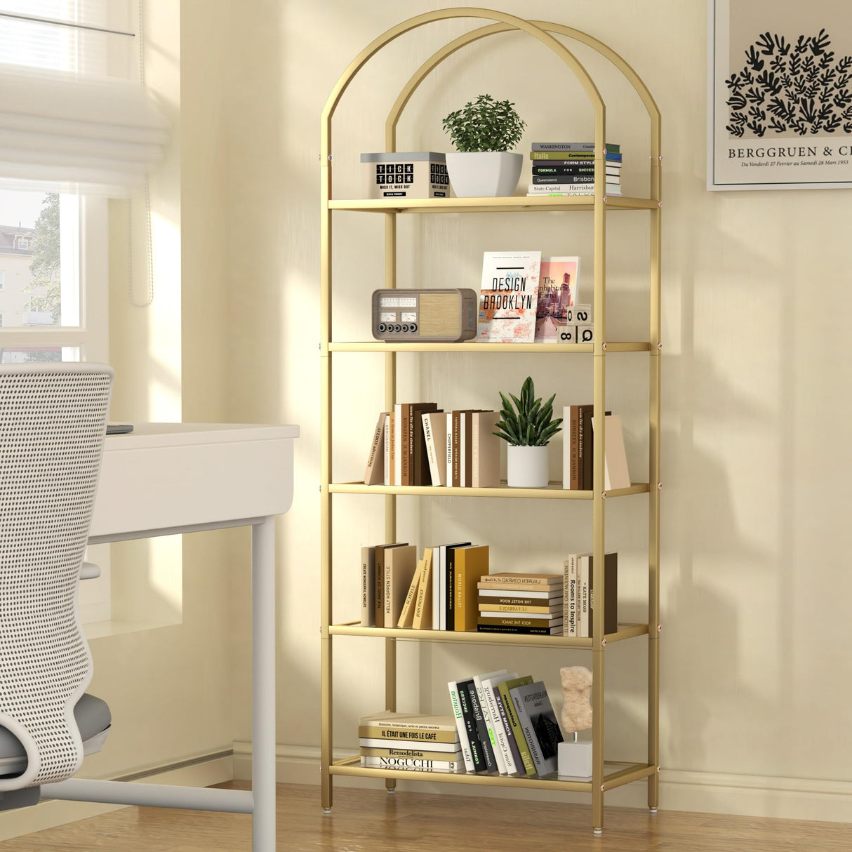 Homhedy Bookshelf Arched Display Racks,Metal Bookcase,Tempered Glass Shelves,Storage Rack Shelf for Home Office,Living Room,Bedroom, Bathroom,Modern Style (Golden, 11.8" D x 23.6" W x 62.2" H) Homhedy