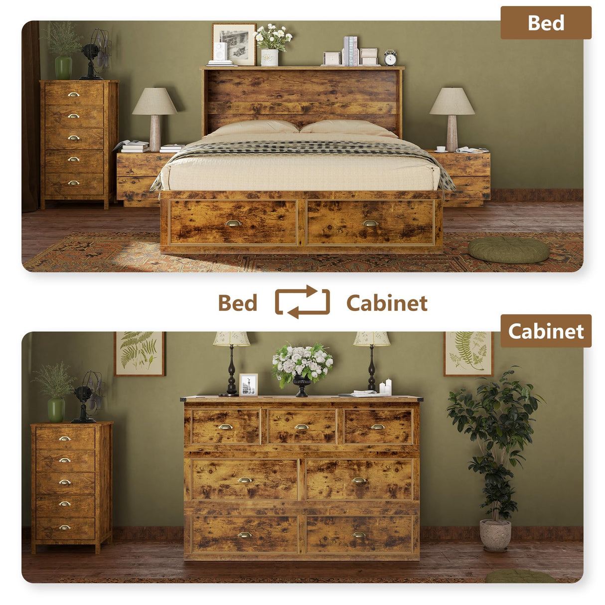 AMERLIFE Queen Size Murphy Bed, Farmhouse Wooden Cabinet with Charging Station and Storage Drawer for Bedroom/Office/Guest Room, Rustic Brown AMERLIFE