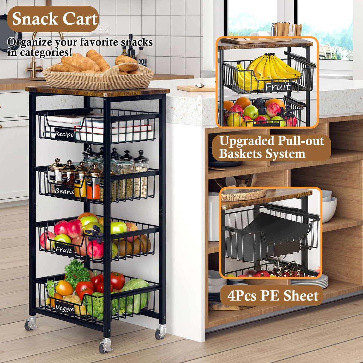 OKZEST Fruit Basket, 5-Tier Utility Kitchen Organizer and Storage Cart with Pull-Out Baskets and Wood Top, Rolling Pantry Kitchen Cart on Wheels for Fruit Potato Onion Vegetable Snack Produce OKZEST