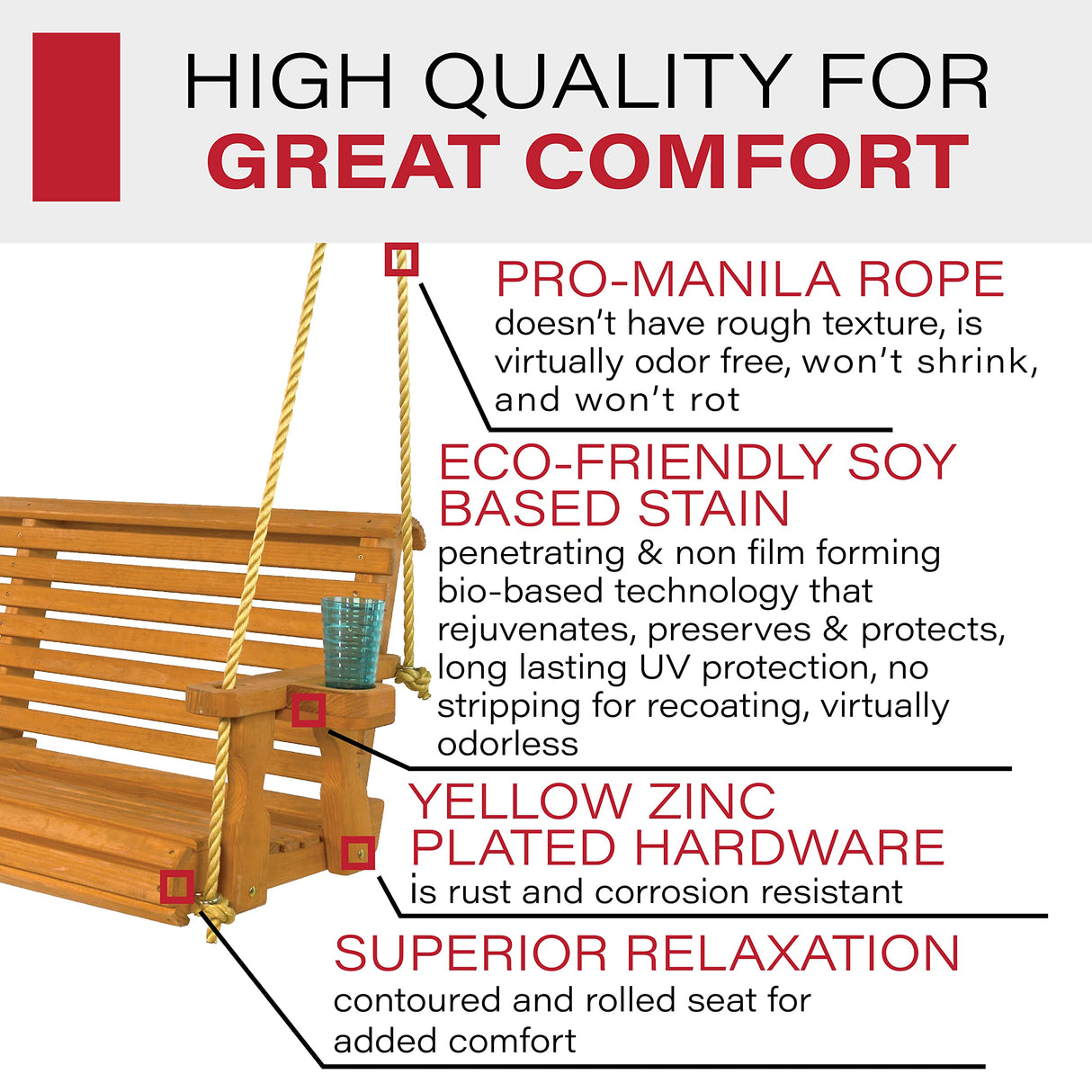 Amish Casual Heavy Duty 800 Lb Roll Back Treated Porch Swing with Hanging Ropes and Cupholders (4 Foot, Cedar Stain) Amish Casual