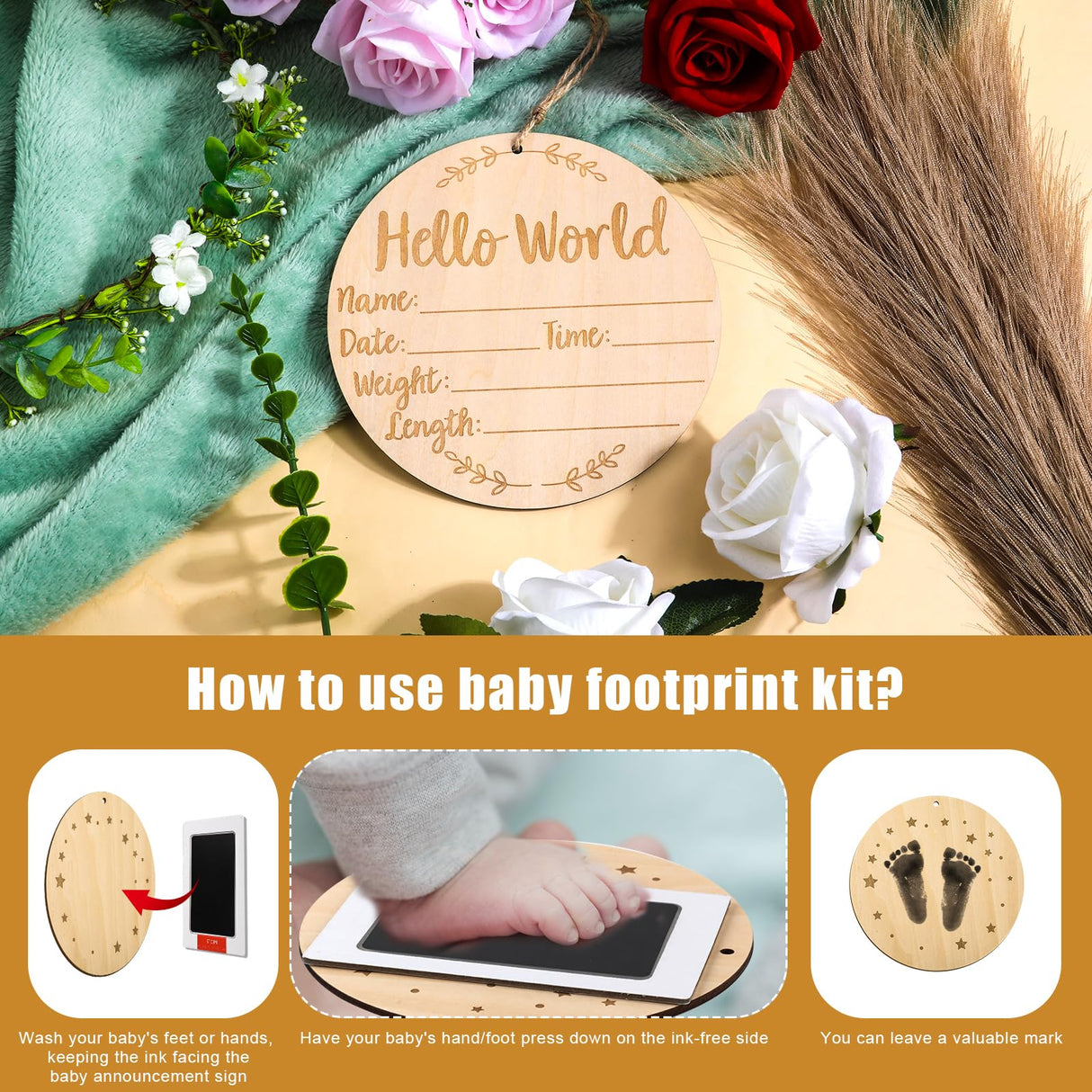 Wooden Baby Announcement Sign, 5.9 inch Baby Birth Announcement Sign with Ink Pad Markers Hello World Newborn Sign Baby Nursery Name Sign for SAVITA