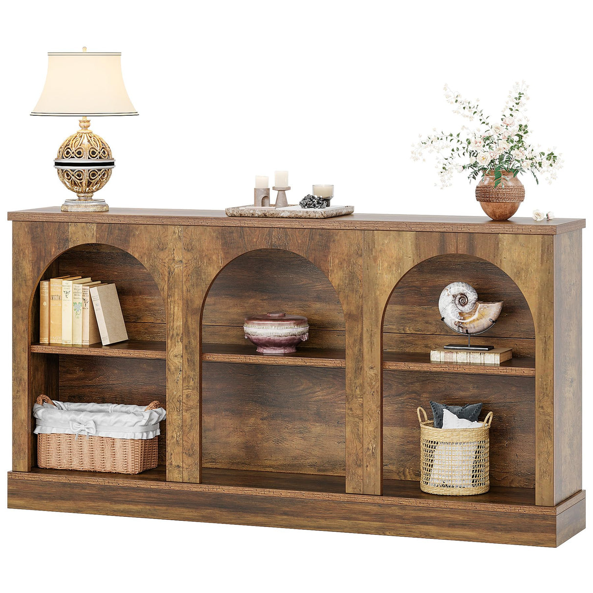 Tribesigns Farmhouse Console Table, 63-Inch Long Entryway Table with 3 Tier Storage, Wooden Rectangular Sofa Table Behind The Couch for Entrance, Hallway, Living Room, Brown Tribesigns