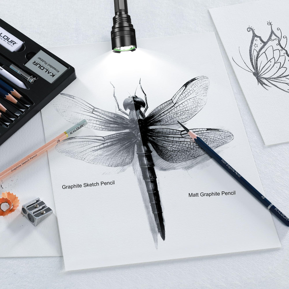 KALOUR 25-Piece Professional Sketch Pencil Set with Matte and Regular Pencils - Includes Vinyl Eraser, Kneaded Eraser, Sharpener, Pencil Extender and Blending Stump - Ideal for Artists and Beginners KALOUR