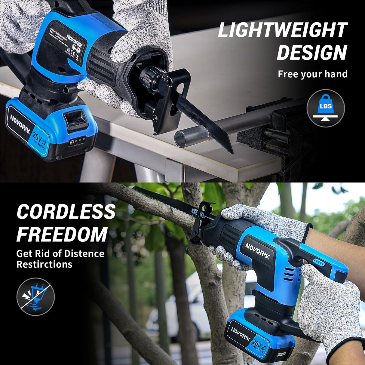 NOVORIK 20V Cordless Reciprocating Saw, 3000 SPM, 22mm Stroke, 2 x 4.0Ah Battery, 8 Saw Blades for Wood, Metal, PVC Cutting novorik